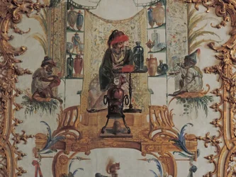 Chantilly, Schloss: Ein Detail der Dekoration in der Grande Singerie von Christophe Huet, 1737